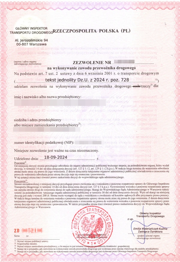 Zezwolenie na wykonywanie zawodu przewoźnika drogowego