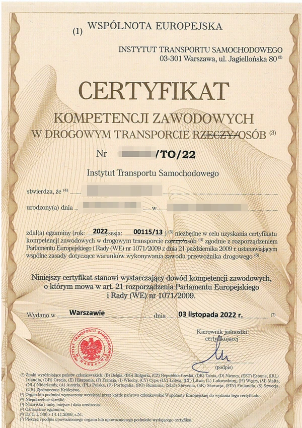Certyfikat Kompetencji Zawodowych w przewozie osób
