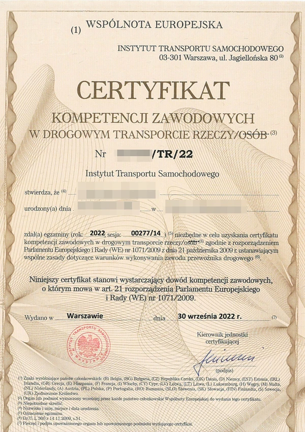 Certyfikat Kompetencji Zawodowych w przewozie rzeczy