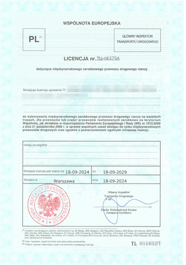 Licencja wspólnotowa dotyczącej międzynarodowego zarobkowego przewozu drogowego rzeczy lub osób