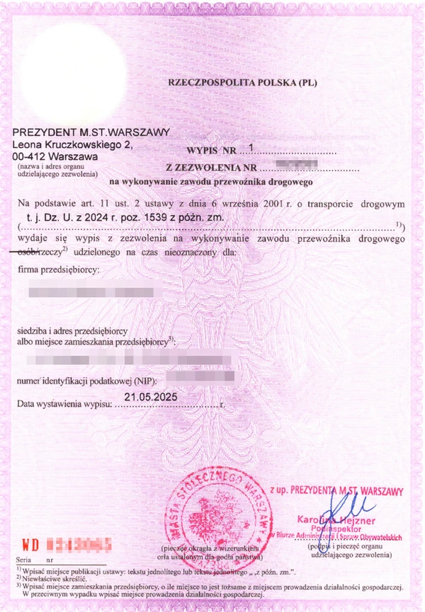 Wypis z zezwolenia na wykonywanie zawodu przewoźnika drogowego