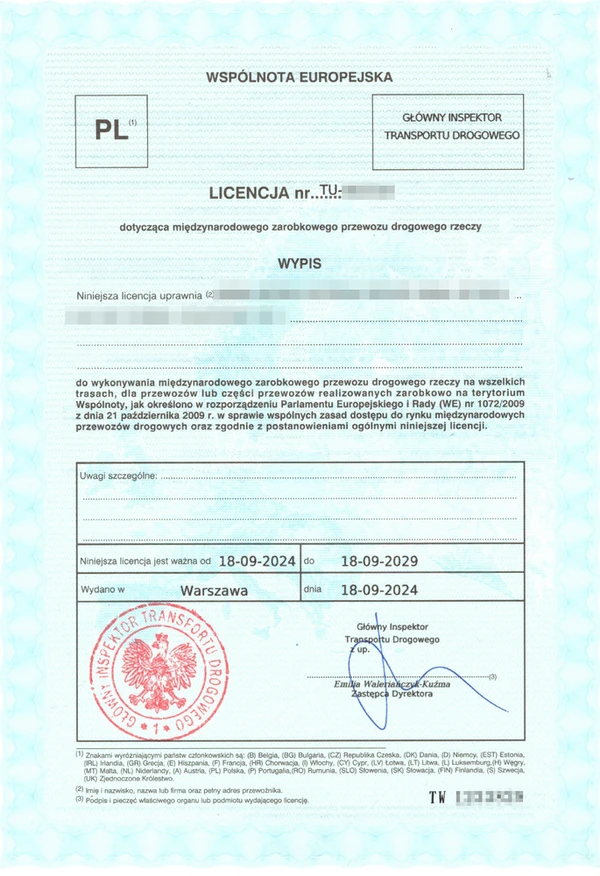 Wypis z licencji wspólnotowej dotyczącej międzynarodowego zarobkowego przewozu drogowego rzeczy lub osób