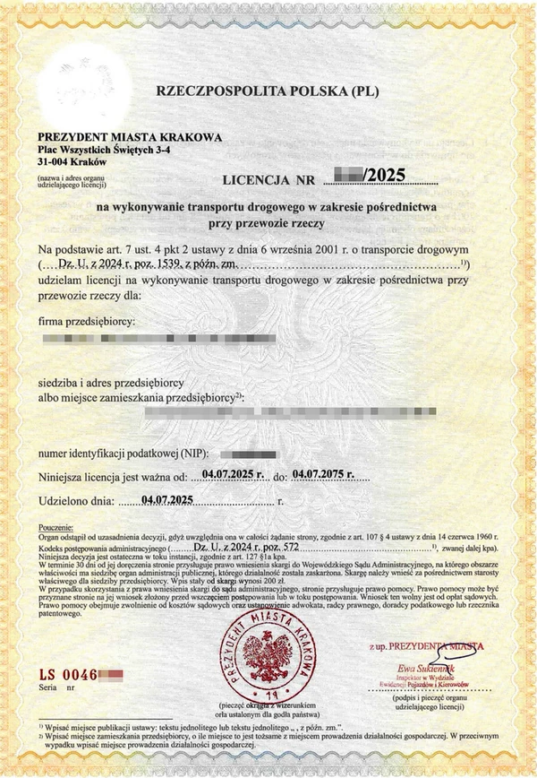 Licencja na wykonywanie transportu drogowego w zakresie pośrednictwa przy przewozie rzeczy lub osób